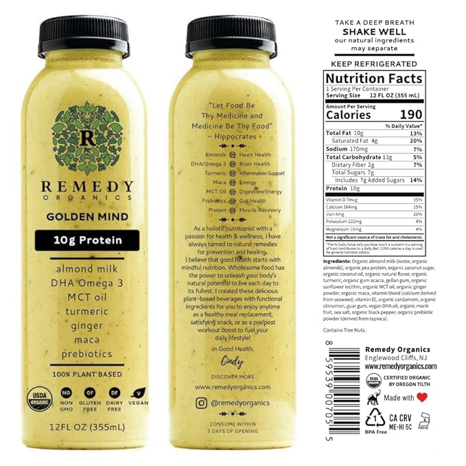 Remedy Organics Golden Mind 12-Pack | Plant Based Protein Shakes, Ready to Drink | USDA Organic, Gluten Free, Dairy Free, Soy Free