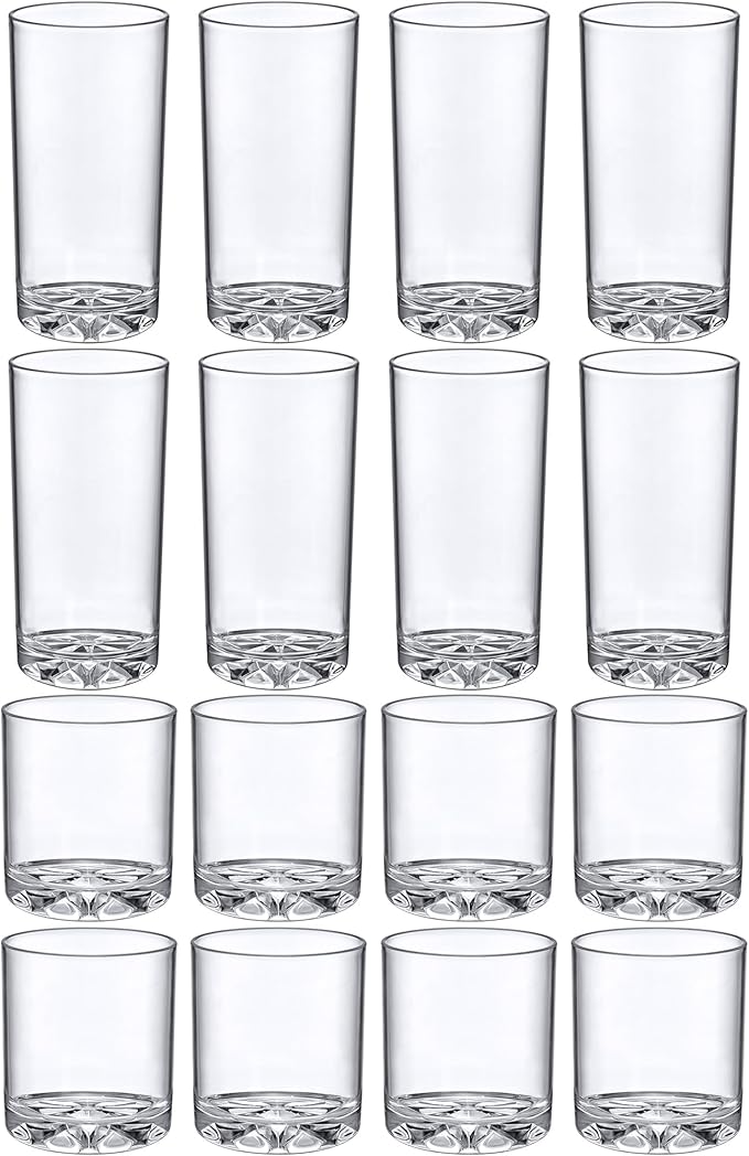Amazing Abby - Liberty - 12-Ounce and 16-Ounce Plastic Tumblers (Set of 16), Plastic Drinking Glasses, All-Clear Reusable Plastic Cups, BPA-Free, Shatter-Proof, Dishwasher-Safe
