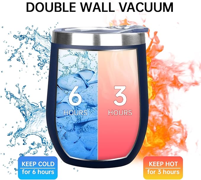 MEZMUT 12 Oz Insulated Wine Tumbler with Lid Double Wall Vacuum Stainless Steel Wine Glass Coffee Mug Insulated Tumbler Cup for Champaign, Cocktail, Beer (Navy, 4 Pack)
