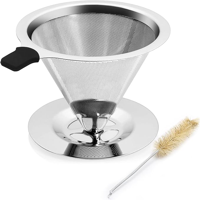 Pour Over Coffee Dripper Filter, 1-4 Cups Double Mesh Paperless Manual Reusable Permanent Coffee Cone Stainless Steel