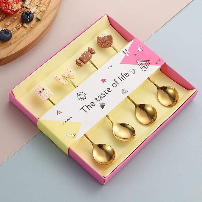 4-Piece Cute Cookie Gold Long Handle Coffee Spoons- 5.5" Teaspoons Stainless Steel Scoops for Coffee & Tea & Dessert Spoon, Perfect for Coffee Stirrers Small Tableware(Gift Packing#B)