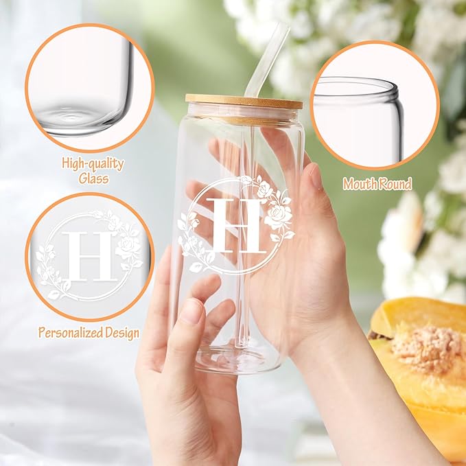 Birthday Gifts for Women, Monogrammed Initial Glass Cup Personalized Gifts for Women, 16oz Glass Cups with Lids and Straws, Iced Coffee Cup, Beer Can Shaped Glass - Gifts for Christmas, Birthday, H