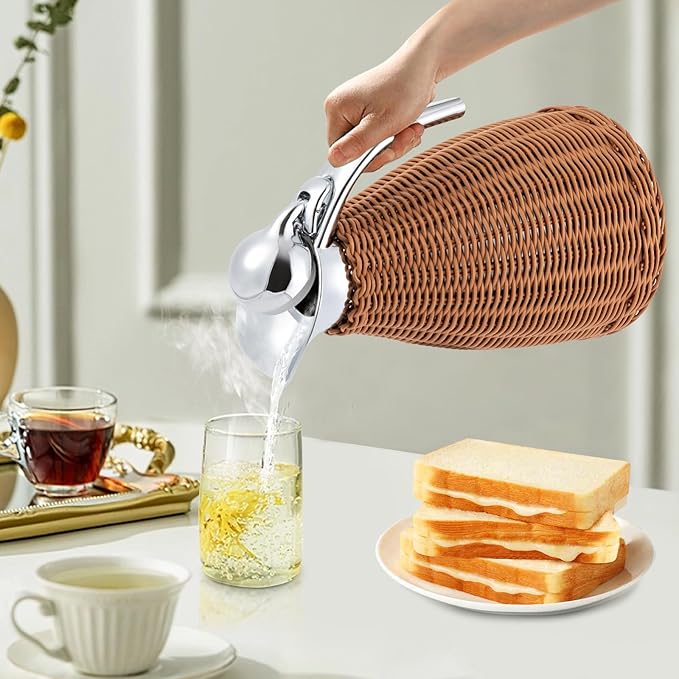 Stainless Steel Coffee Thermal Carafe, 50 Oz/1.5 L Woven Rattan Insulated Coffee Carafe Double Walled Vacuum Insualted 20 Hour Heat Cold Retention (Brown)