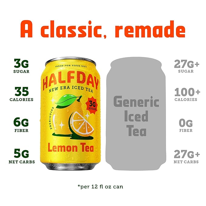 HALFDAY Prebiotic Iced Tea Lemon, Peach, Sweet Tea Variety Pack, Gut Health, Plant Fiber & Prebiotics, 3-5g of Sugar, 35 Calories, Natural Caffeine, Gluten Free, Keto 12 fl oz (12 pack)