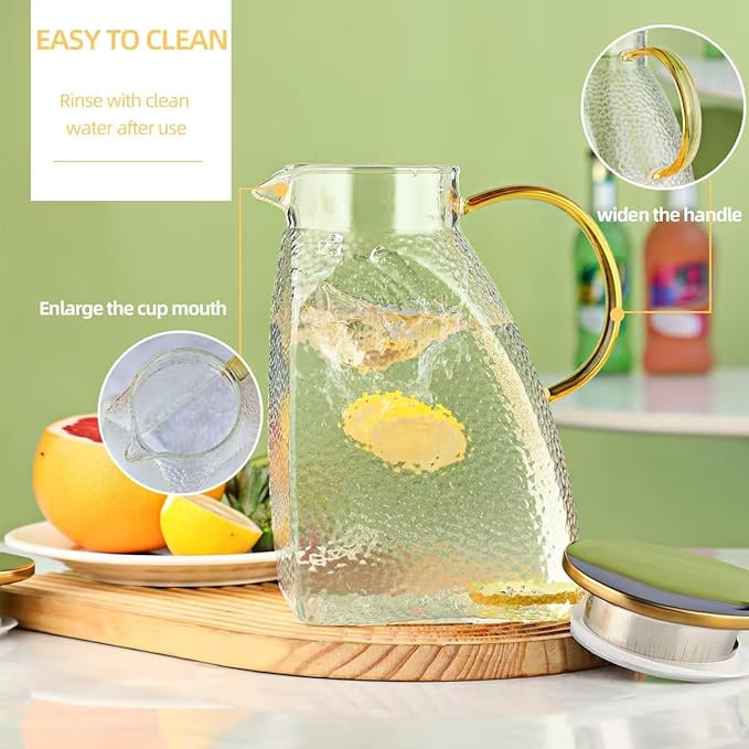 Glass Pitcher with Lid 1.8L, Borosilicate Glass Water Jug for Refrigerator Door, Hot & Cold Beverages, Leak-Proof Stainless Steel Lid with 2 Filter Holes for Iced Tea, Juice, Coffee, Milk