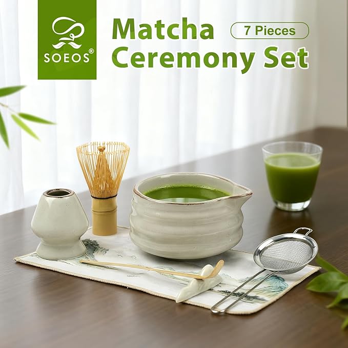 Soeos Premium Matcha Traditional Starter Set, 7-Piece Matcha Kit with Bamboo Whisk (Chasen), Scoop (Chashaku), Stainless Steel Sifter, Whisk Stand, Matcha Bowl, Scoop Rest, and Tea Towel