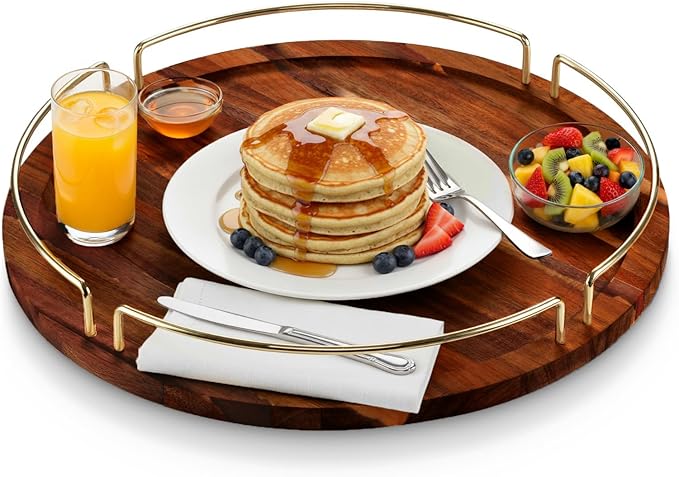 Round Serving Tray - Acacia | Serving Platter Snack Tray for Party Hosting - Trays for Serving Food, Charcuterie, Fruit Platter Tray for Parties, Appetizer Dishes & Dessert Trays