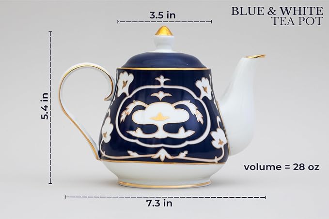 Blue and White Tea Pot - 28 oz. Bone China Teapot with White Vintage Design - Elegant Tea Serving Pot for Kitchen and Gift for Women, Men, Adults and Tea Lovers (Teapot)