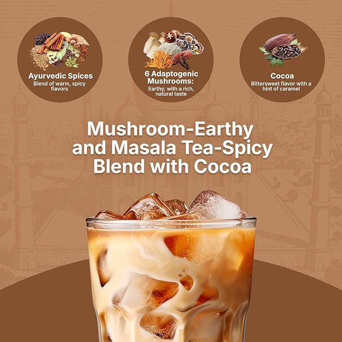 Veltracha Mushroom Chai Tea, Instant Decaf Chai Tea Powder with 6 Adaptogenic Mushrooms, Spiced Chai Latte for Energy & Focus Support, 6.35 oz 20 Servings (Classic Cocoa)