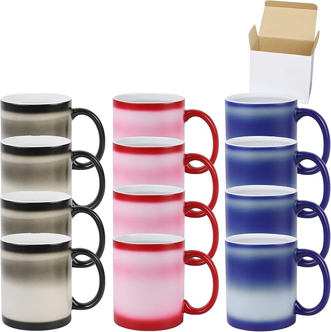 11oz Color Changeable Sublimation Mug 3 Assorted Colors of Black, Blue and Red, Packed in White Box, Case of 12