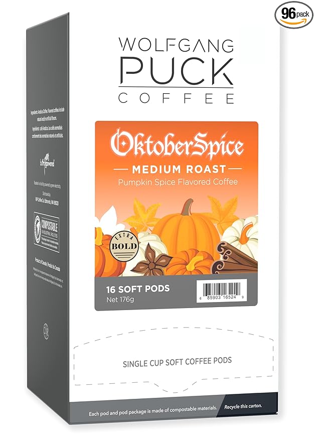 Wolfgang Puck Coffee, Oktober Spice, 12 Gram Soft Pods, 16 Count (Pack of 6)