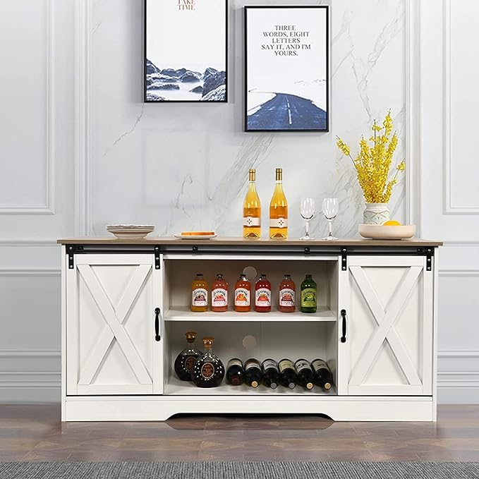 4 EVER WINNER Farmhouse Coffee Bar Cabinet, 59" Buffet Cabinet with Storage & Sliding Barn Doors, Kitchen Storage Cabinet, Coffee Station, Living Dining Room, White