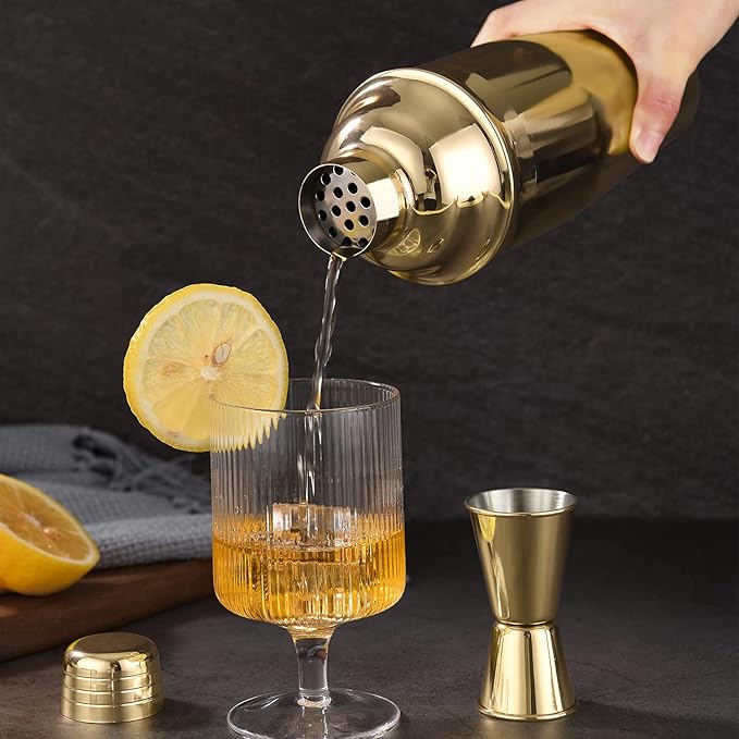 Cocktail Shaker with Double Measuring Jigger,18/8 Stainless Steel 24oz Martini Shaker Set,Drink Shaker Built-in Strainer,Bartender Kit. (Gold)