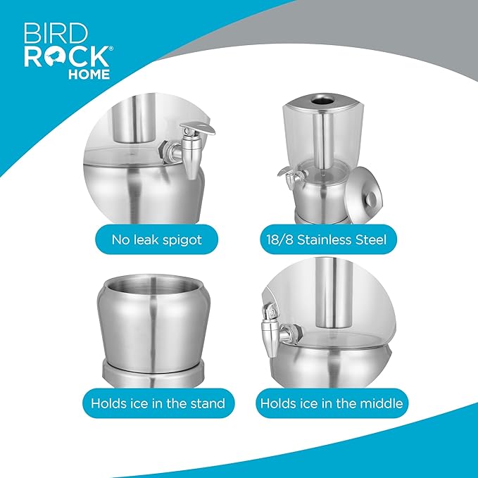 BirdRock Home 1.5 Gallon Stainless Steel Beverage Dispenser with Ice Container, Stand & Spigot - Round - BPA Free Clear Tritan Plastic