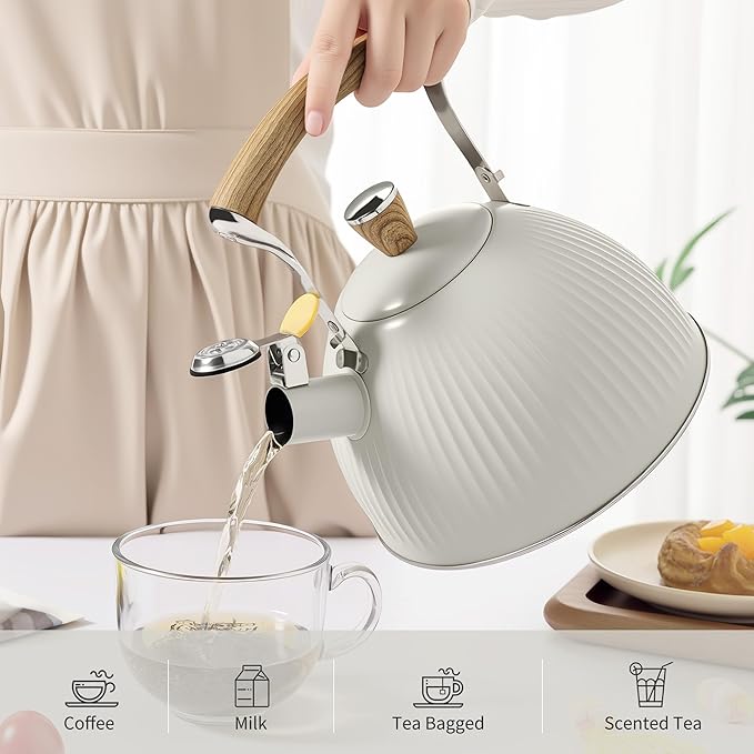 LONFFERY Tea Kettle for Stove Top, 2.5 Quart Whistling Tea Kettle, Stainless Steel and Wood Pattern Folding Handle, Creamy White