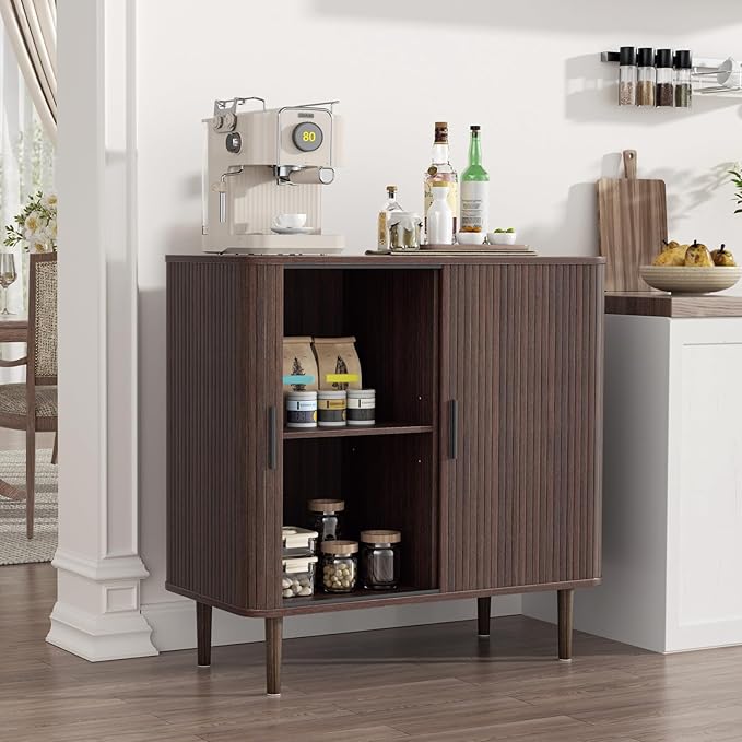 35" Fluted Accent Buffet Cabinet, Walnut Small Storage Sideboard with Sliding Door, Mid Century Modern Credenza with Solid Wood Leg, Wine Coffee Bar Console Table for Kitchen, Entryway, Living