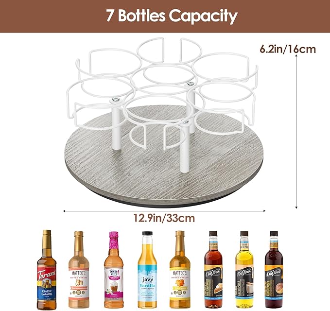 Rotating Coffee Syrup Organizer, 7 Bottles Coffee Syrup Rack for Countertop Syrup Bottle Holder Stand for Coffee Bar Station, Carbon Steel Frame with Wooden Base Coffee Bar Accessory, White