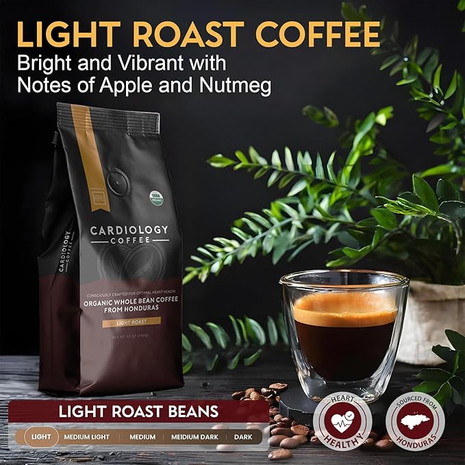 Cardiology Coffee – Whole Bean Coffee – USDA Certified Organic, Mold Free 12oz Premium Light Roast Organic Coffee Beans with Antioxidant Benefits – Perfect for Heart Healthy Lifestyle