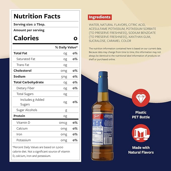 Torani Sugar Free Coffee Syrup, Classic Caramel Flavoring for Drinks, Zero Calorie, Pump Included, 25.4 Fl Oz