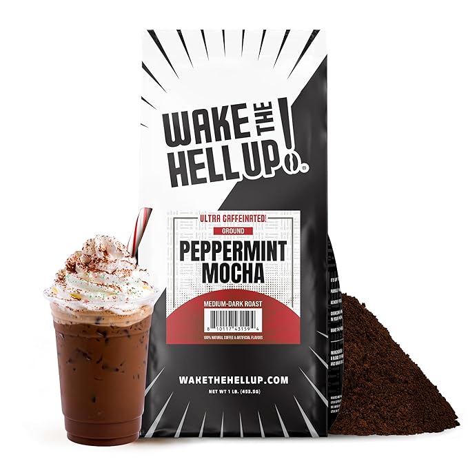 Wake The Hell Up! 1lb Ultra-Caffeinated Peppermint Mocha Ground Coffee, Low Acid, Medium-Dark Roast