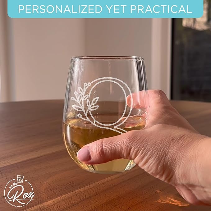 On The Rox Drinks Monogrammed Gifts For Women and Men - Letter A-Z Initial Engraved Monogram Stemless Wine Glass - 17 Oz Personalized Wine Gifts For Women and Men (Q)