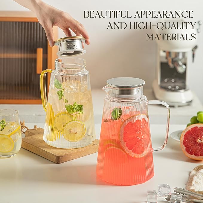 2PCS Ribbed Glass Pitcher Set – 71oz Heat-Resistant Beverage Jugs with Lid for Water, Iced Tea, Juice, Coffee – Large Borosilicate Carafes for Hot & Cold Drinks, Elegant Serving Pitchers (Clear-2PCS)