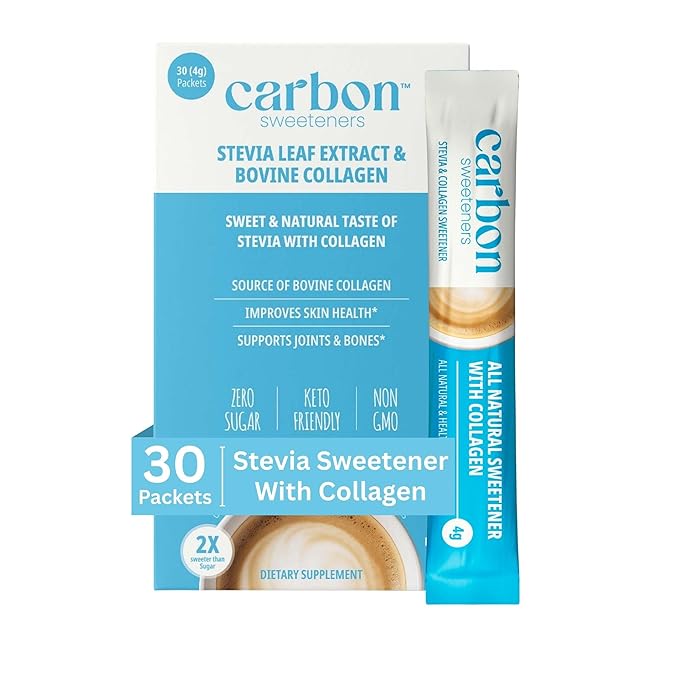 Carbon Sweeteners Stevia Sweetener Sugar Packets with Collagen - Promotes Healthy Joints, Bones, and Skin Health, 30 Count (Pack of 1)