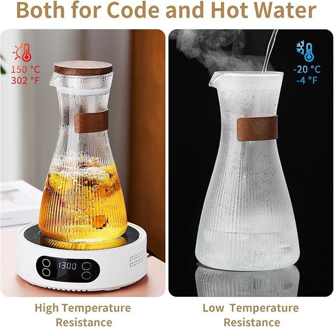 52OZ Glass Pitcher with Lid and Spout, Water Jug, 1500ml Carafe for Hot/Cold Water, Large Iced Tea Pitcher for Coffee, Juice and Homemade Beverage