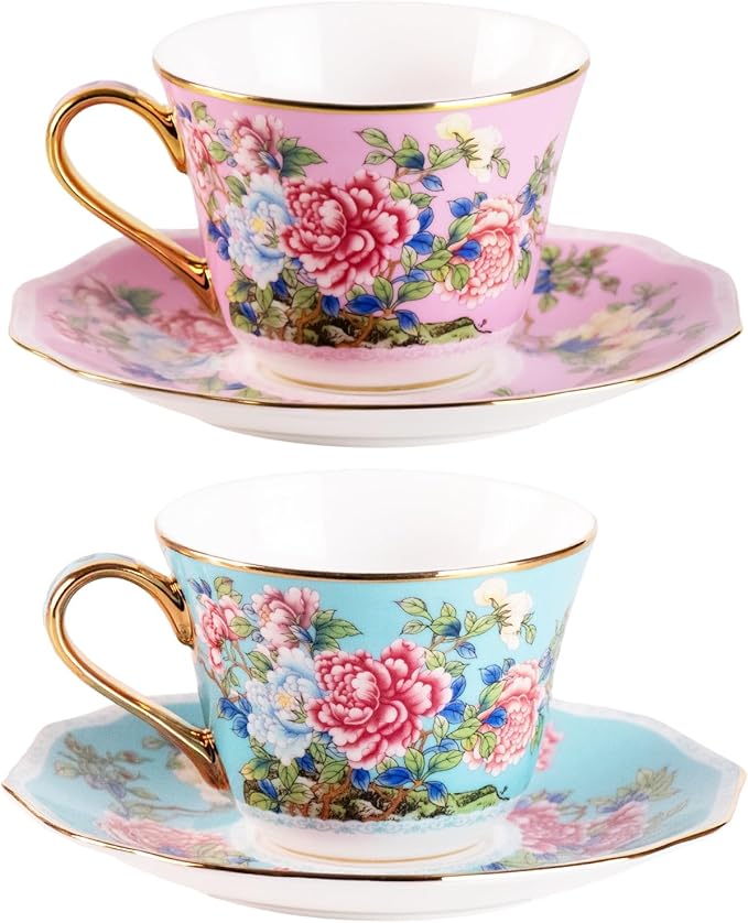 KAMMAK Ceramic Coffee Cups and Saucers Set of 2, Porcelain Espresso Cups with Saucers, 7oz Handcrafted Ceramic Floral Coffee and Tea Cup, Vintage Drinkware for Tea Party, Office, Women Gifts