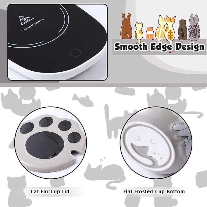 Honeydak Coffee Mug Warmer Cute Cat Mug Set Cup Warmer for Desk for Women Heated Coffee Warmer for Mom Home Office Christmas Birthday Gifts(Gray)
