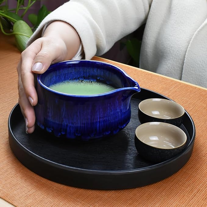 Artcome Matcha Tool Set - Complete Kit with Matcha Bowl with Spout, Bamboo Whisk, Tea Scoop, Whisk Holder, Scoop Holder, Tea Cloth & Powder Strainer, Glaze Blue