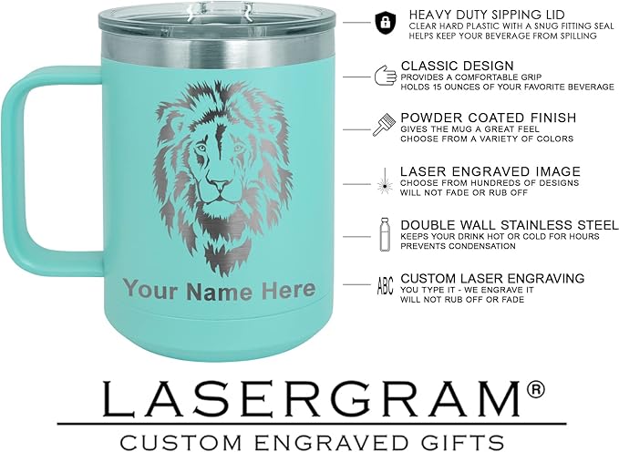 LaserGram 15oz Vacuum Insulated Coffee Mug, Tiki Statue, Personalized Engraving Included (Teal)