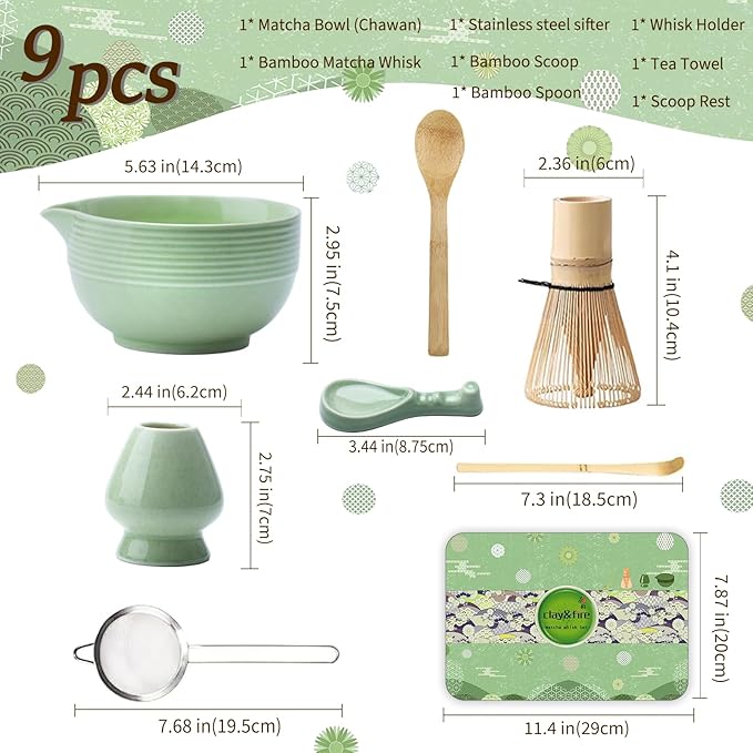 Clay&Fire Matcha Whisk Set, Ceramic Matcha Set, Matcha Bowl with Spout and Whisk, 9 pcs Matcha Tea Kit for Matcha Lovers, Ideal Gift Christmas, Birthday (Green)