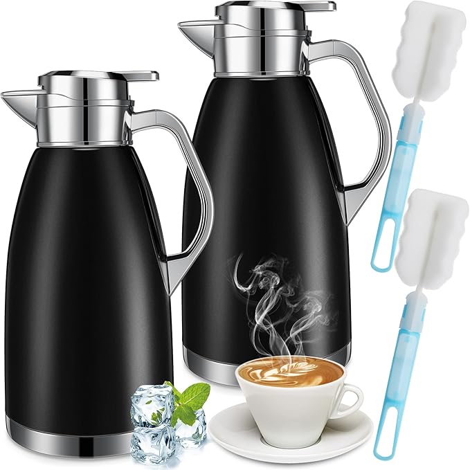 Tioncy 2 Pcs Thermal Coffee 78oz Insulated Carafe Hot Water Dispenser Stainless Steel Carafe for Hot Liquid Coffee Tea Milk with 2 Brushes Keep 12 Hours Hot 24 Hours Cold(Black)