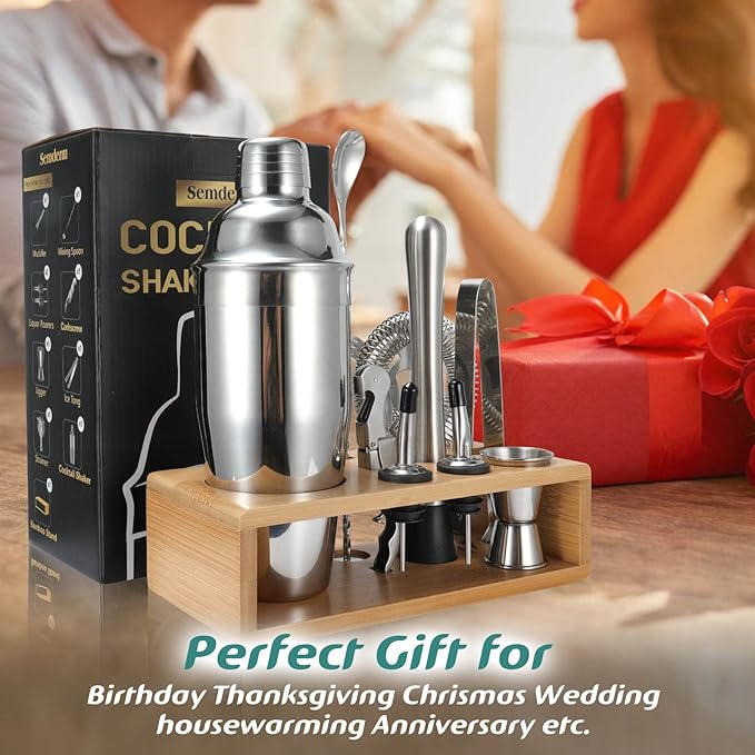 Cocktail Shaker Set, Mixology Bartender Kit 10-Piece Bar Tools Set with Stylish Bamboo Stand, Bar kit: Martini Shaker Muddler Jigger with All Essential Accessory Tools Gifts for Men Dad