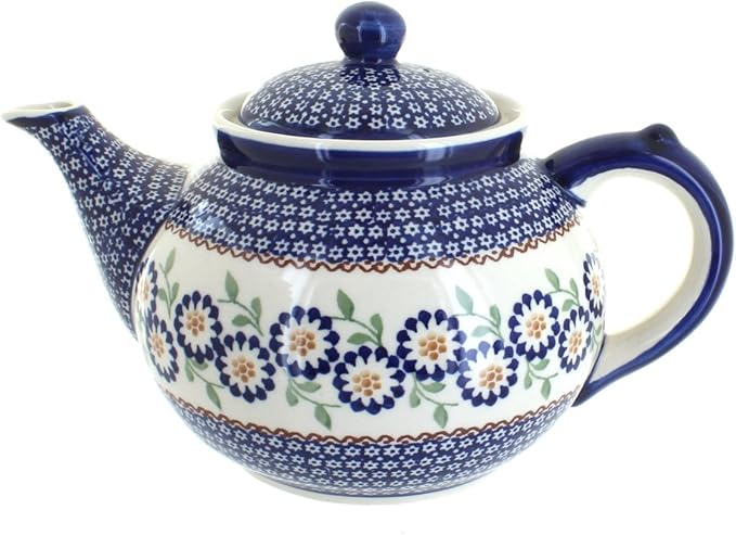 Blue Rose Polish Pottery - Yellow Peach Blossom Teapot - 5 Cup Capacity - Hand-Painted Polish Pottery Ceramic Coffee & Tea Server