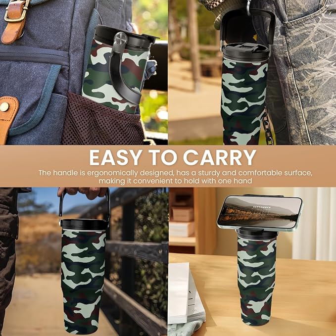 SANDJEST Camo Tumbler with Handle 30oz - Camouflage Tumblers Stainless Steel Insulated Flip Straw Coffee Travel Cup, Gifts for Men Veteran Hunting Lover Sport Outdoor Workout