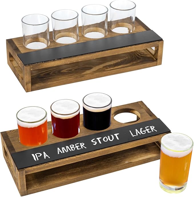 MyGift Rustic Dark Brown Burnt Solid Wood Sampler Tray Beer Flight Holder Serving Set with 4 Glasses and Erasable Chalkboard Label, Set of 2