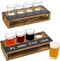 MyGift Rustic Dark Brown Burnt Solid Wood Sampler Tray Beer Flight Holder Serving Set with 4 Glasses and Erasable Chalkboard Label, Set of 2