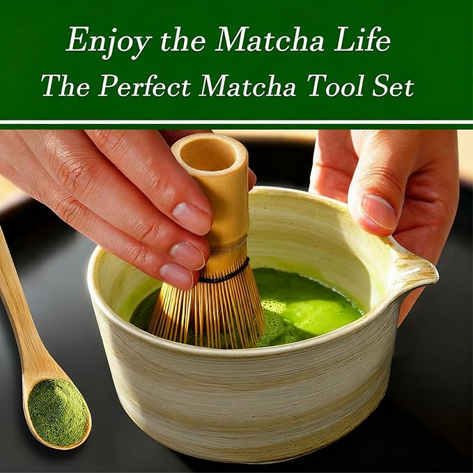 Matcha Whisk Set, 6 Piece Matcha Kit with Bamboo Whisk Ceramic Bowl with Spout Sifter Scoop Traditional Japanese Tea Accessories for Home or Gifts (set of 6)