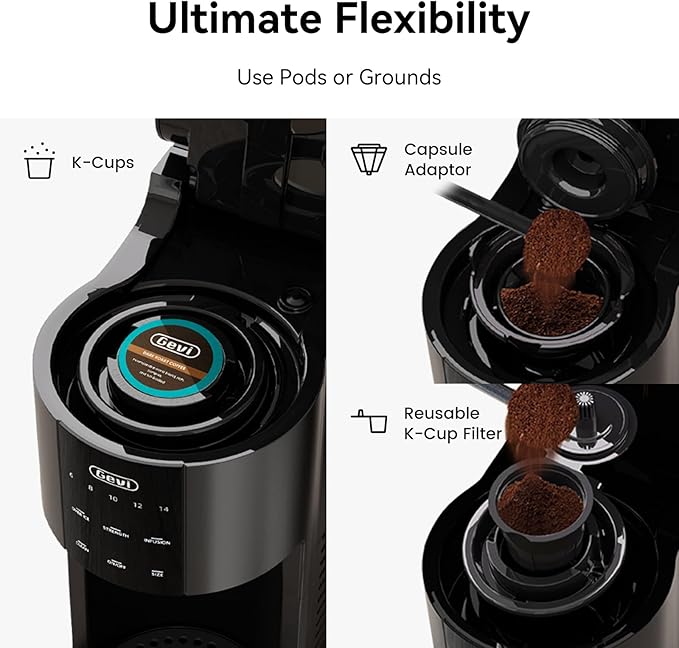 Gevi Single Serve Coffee Maker, Compatible with Pods & Ground Coffee, 40oz Removable Water Reservoir, 5 Brew Sizes (6-14oz), Compact for Kitchen Use, Black