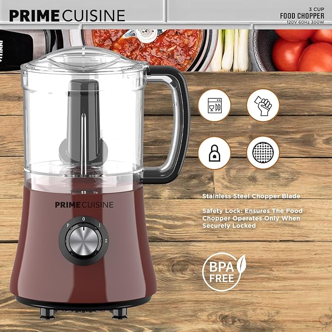 Electric Vegetable Chopper & Food Processor, 3 Cup Capacity, For Mincing, Emulsify and Puree (Burgundy)