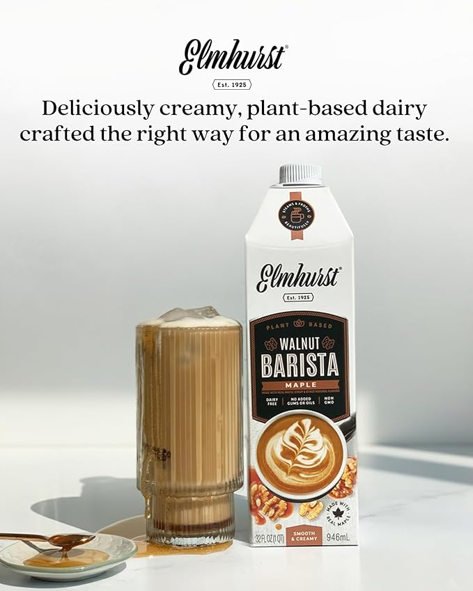 Elmhurst 1925 Maple Walnut Milk Barista Edition – 32 Ounce (Pack of 6) Plant-Based, Extra Creamy, Vegan, Dairy-Free, Non-GMO, Kosher, Sweetened with Real Maple Syrup for Flavorful Lattes & Iced Drinks