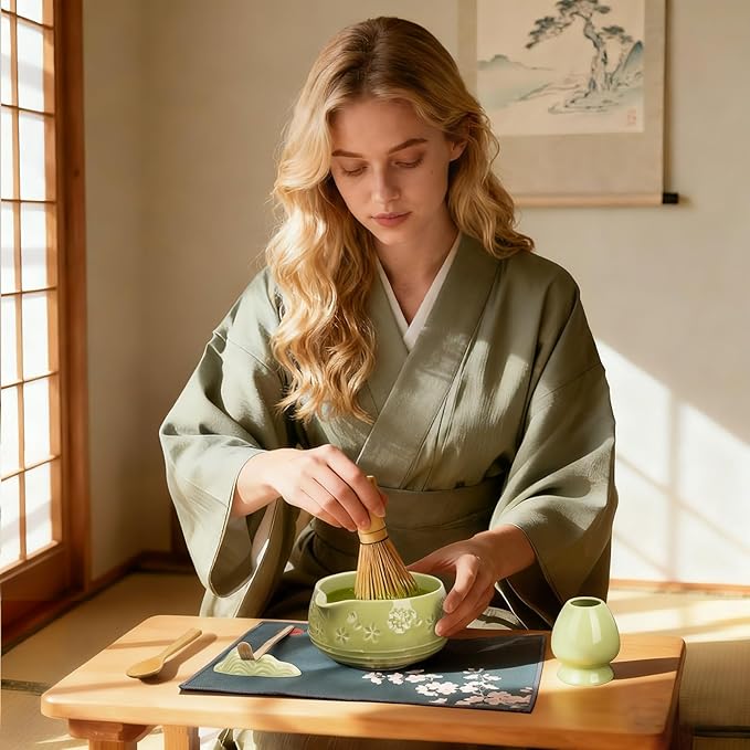 Matcha Whisk Set, Ceramic Bowl with Spout, Bamboo Matcha Whisk & Spoon, Chasen Holder, Scoop Rest, Sifter, 8-Pcs Japanese Ceremony Matcha Powder Kit–Christmas Gift for Women-Matcha Green