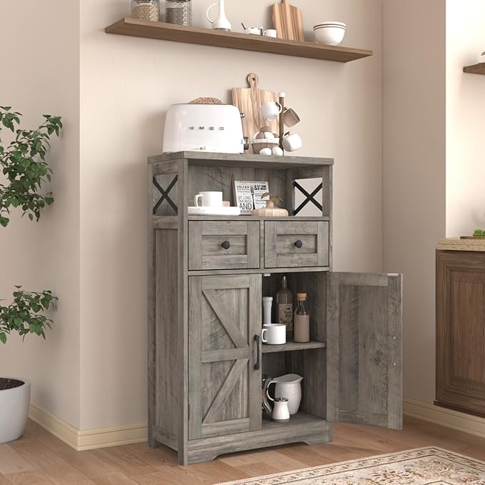 Farmhouse Storage Cabinet with Drawers and Shelf, Freestanding Kitchen Pantry Hutch for Kitchen, Living Room, Home Office, Rustic Grey