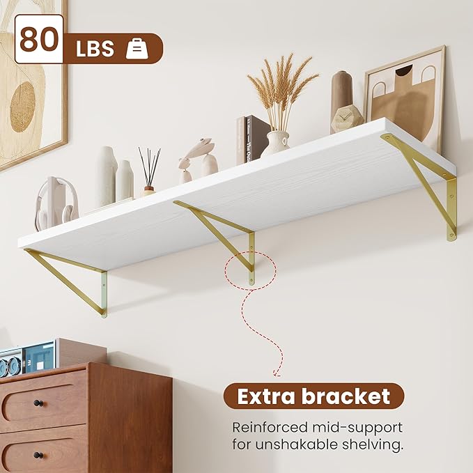 Deep Wall Shelves 55"W x 12"D Engineered Wood Floating Shelves for Wall, Sturdy Metal Bracket(Gold) Bookshelves Home Decor Storage for Living Room Bedroom Bathroom Kitchen, Set of 2, White Finish