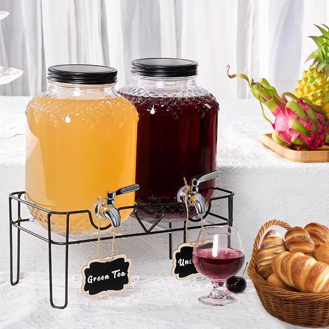 1 Gallon Glass Drink Dispensers for Parties, Beverage Dispenser with Stand and Fruit Infuser, Glass Lemonade Dispenser with Stainless Steel Spigot for Kombucha, Sun Tea, Juices, BBQ, Weddings