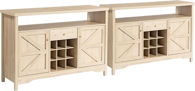 45.7” Wine Cabinet，Farmhouse Home Coffee Bar Sideboard Buffet Cabinet Liquor Storage with 9 Wine Racks & 2 Doors for Kitchen, Living and Dining Room (2, White Oak)