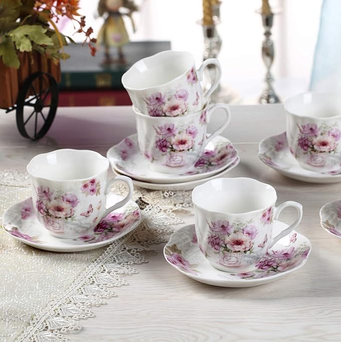 GuangYang 7 oz Porcelain Tea Cups and Saucers set of 6,Purple Fancy Floral Pattern (Perfect for Cappuccino, Flat white Coffee, Americano, Hot Tea, or Desserts)