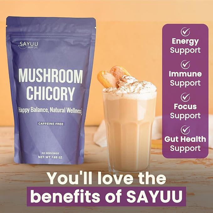 SAYUU Mushroom Chicory Blend – Caffeine-Free Coffee Alternative with Lion's Mane, Reishi, Turkey Tail – Supports Digestion, Focus & Immunity – Vegan & Eco-Friendly, 30 Servings